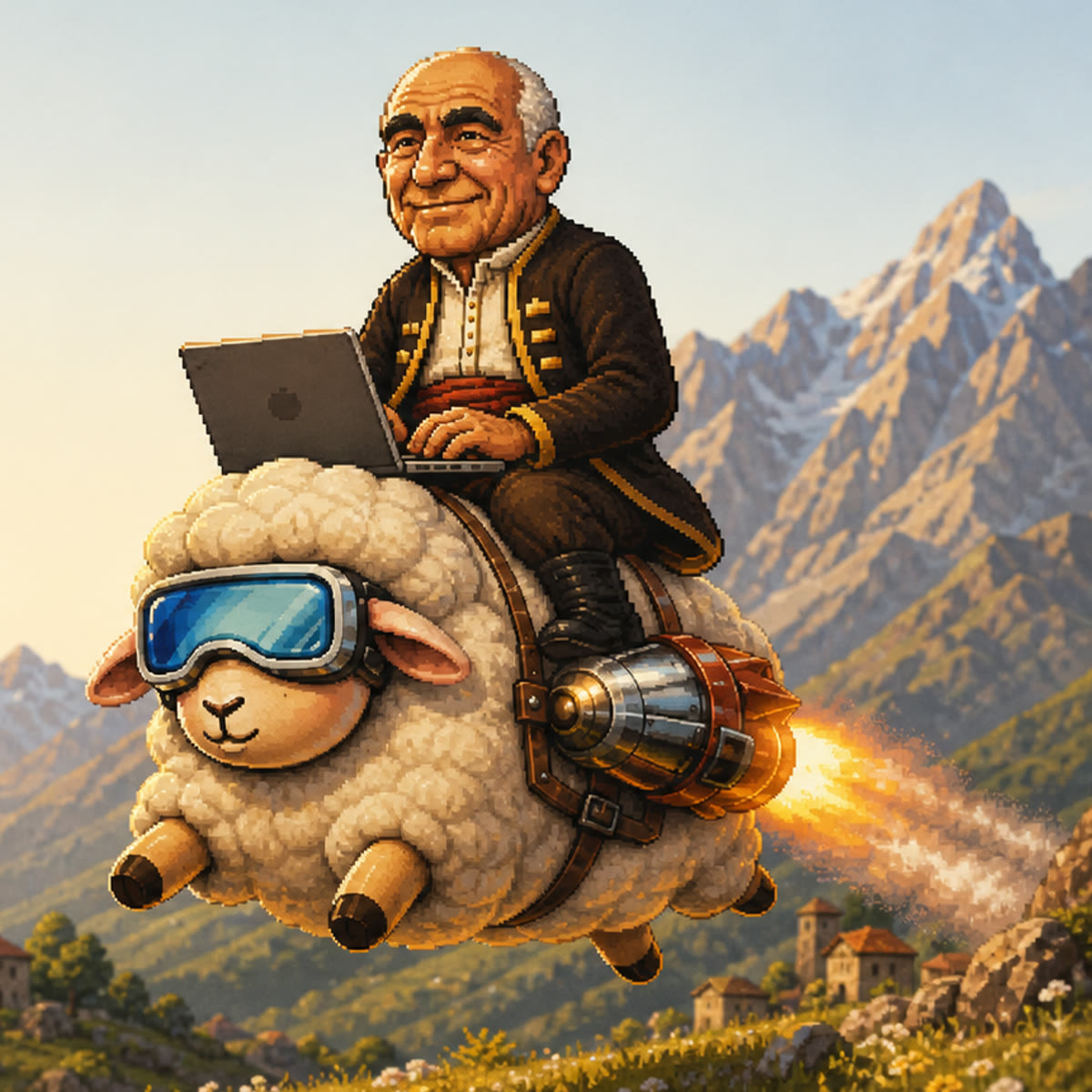 A grandfather codes on a laptop while a goggled, jet-powered sheep flies above an Azerbaijani mountain meadow.